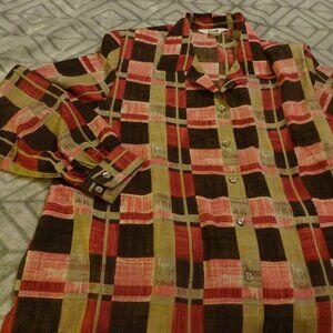 ALIA Blouse Women's Size 18P PINK & BROWN BLOCK Shirt Top Button Up 3/4 Sleeve